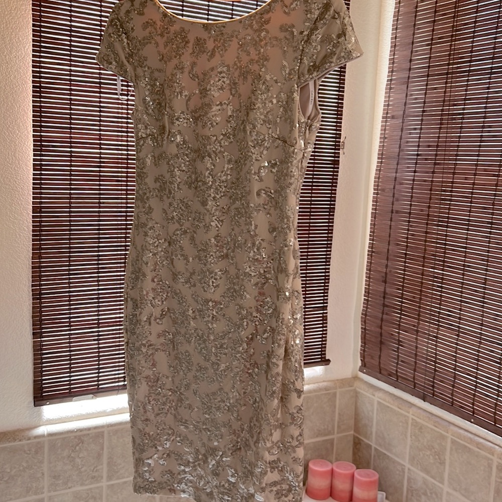 Wore once to a wedding. Gorgeous gold color dress with sequins.